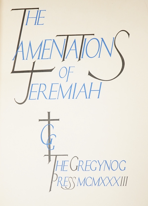The Gregynog Press - The Lamentations of Jeremiah. Limited Edition (of 250 numbered copies). calligraphic title printed in blue and black (and blue printing elsewhere), 21 wood engraved illus. (5 full page) by Blair Hugh